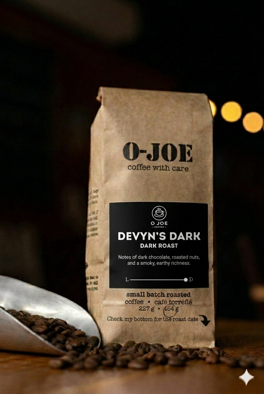 Front view of O-Joe Coffee Devyn’s Dark roast bag, featuring a black minimalist label on a purple background. The label highlights a 5 out of 5 dark roast level with tasting notes of deep chocolate and toasted nuts.