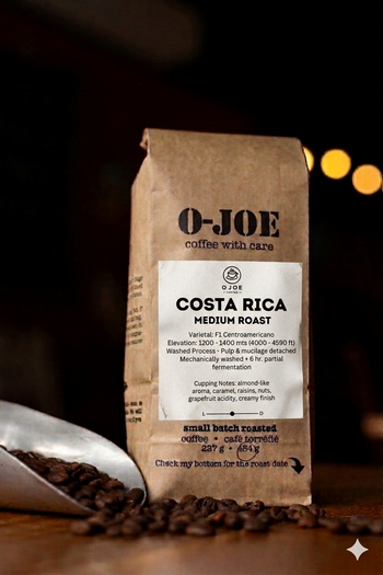 O-JOE Coffee Costa Rica Medium Roast bag — single origin washed process F1 Centroamericano specialty coffee