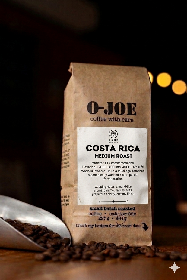 O-JOE Coffee Costa Rica Medium Roast bag — single origin washed process F1 Centroamericano specialty coffee