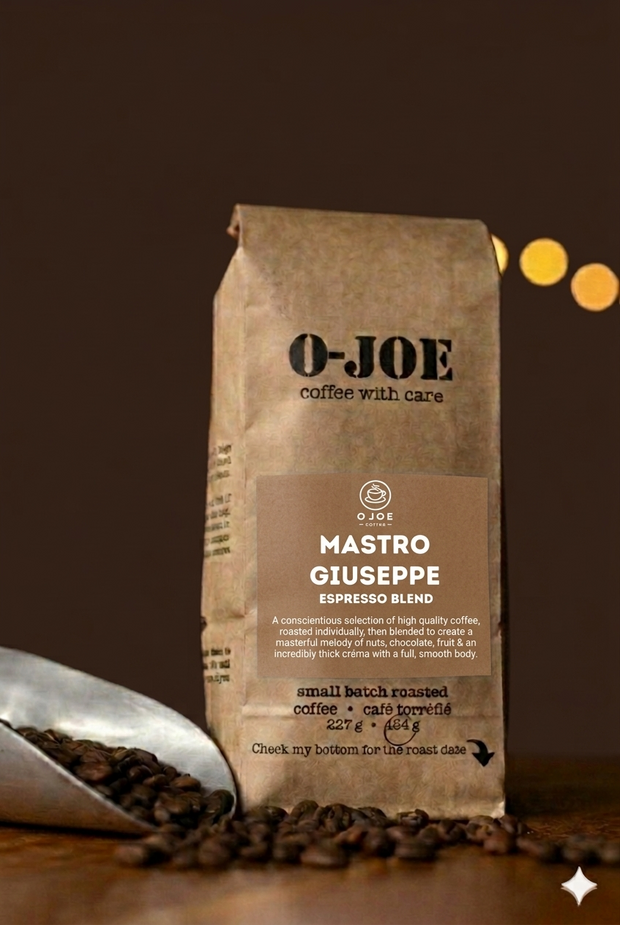 Mastro Giuseppe's Espresso Blend label — O-JOE Coffee component roasted espresso blend with notes of nuts, chocolate, fruit and thick créma