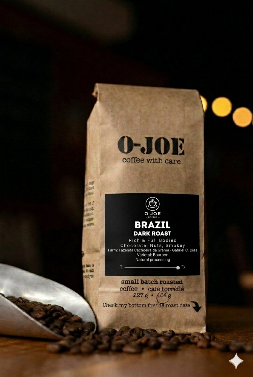 O-JOE Coffee Brazil Dark Roast label — chocolate, nuts, smokey tasting notes, Fazenda Cachoeira da Grama, natural processing