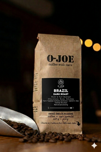 O-JOE Coffee Brazil Dark Roast label — chocolate, nuts, smokey tasting notes, Fazenda Cachoeira da Grama, natural processing