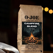 O-JOE Campfire Blend Dark Roast coffee bag with campfire label