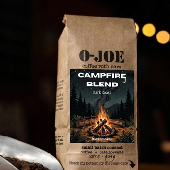 O-JOE Campfire Blend Dark Roast coffee bag with campfire label