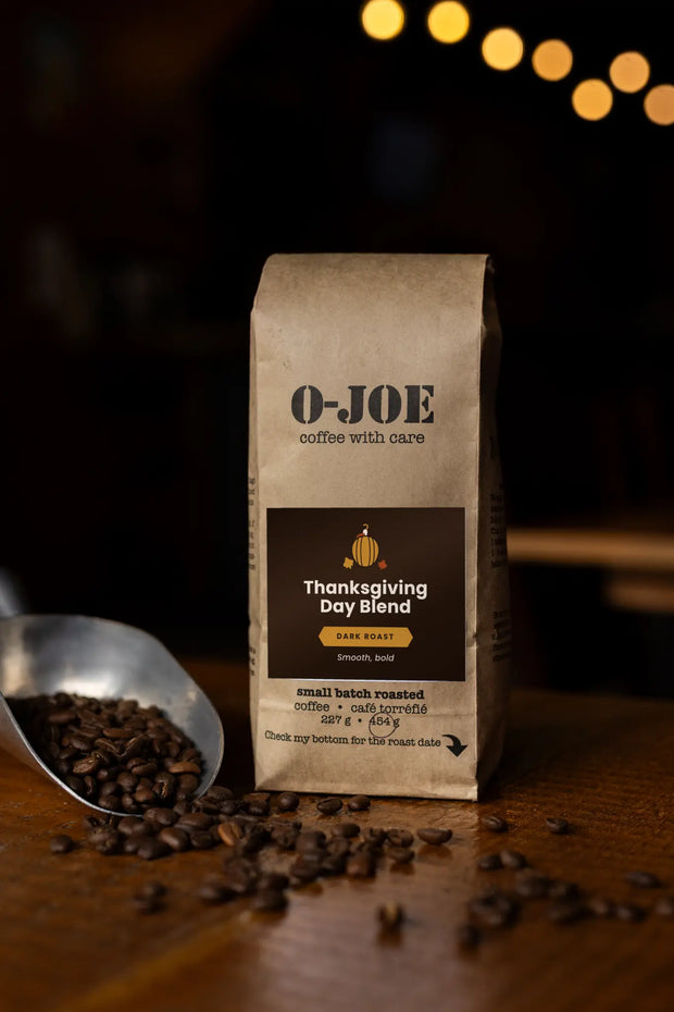 O-JOE Coffee Thanksgiving Day Blend dark roast coffee bag